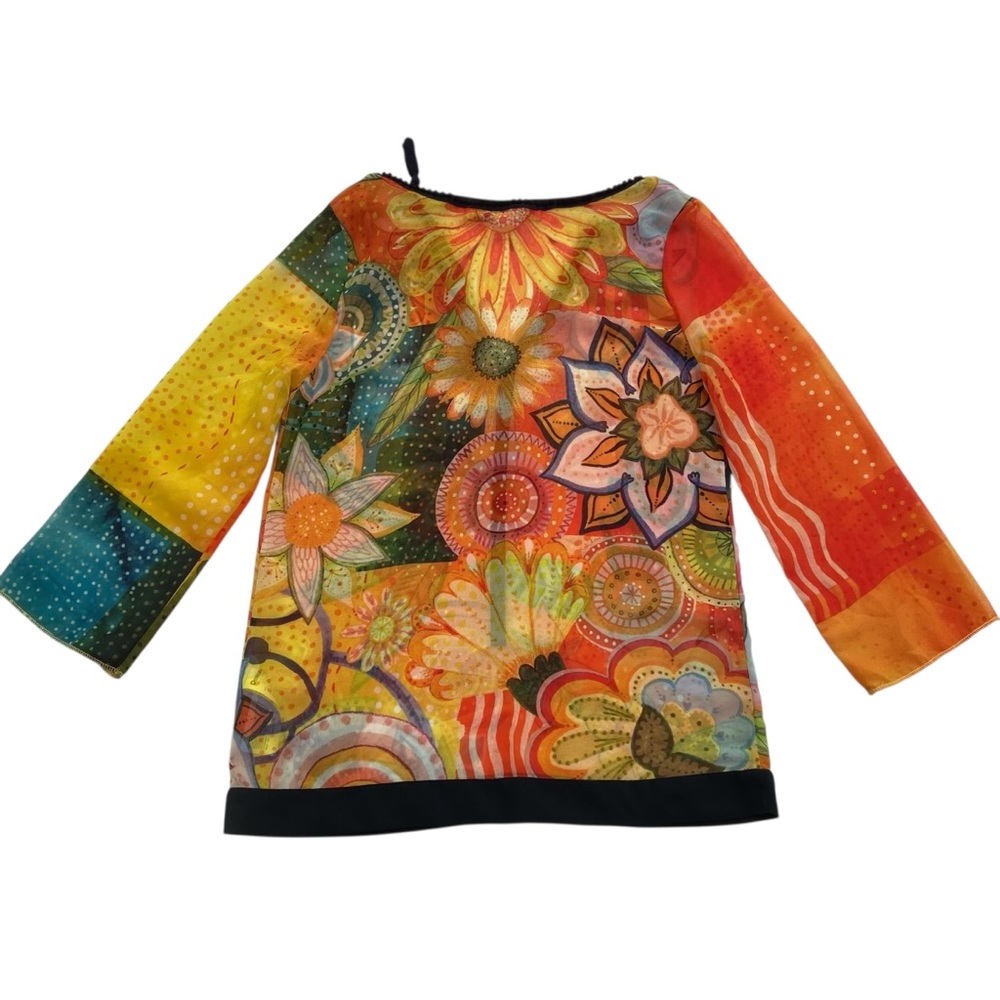 Desigual sheer festive top 3/4 sleeves floral Pom Pom V neckline orange yellow - Picture 5 of 16